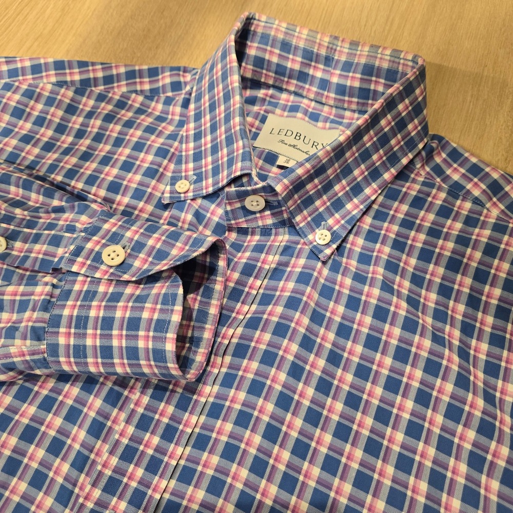 Ledbury Mens Blue Pink Plaid Button Down Dress Shirt 16 Made in Poland 2938-212‎